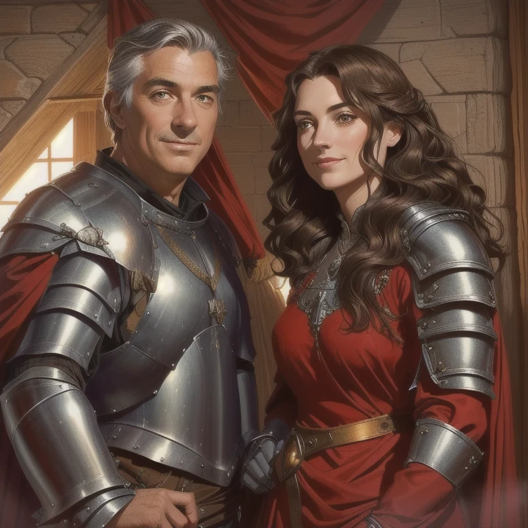 This is a photograph of a man and a woman standing side by side. The man, standing on the left, has a grey hair. ((He is wearing a medieval heavy battle armor)). He is looking directly at the camera with a subtle smile. He has 40 years old and is standing with a relaxed posture. The woman, standing on the right, has a long, wavy dark hair. She (is wearing a medieval light steel armor, red). She has 2. She is looking directly at the camera with a subtle smile. Realistic, UHD, masterpiece, 16K, detailed faces