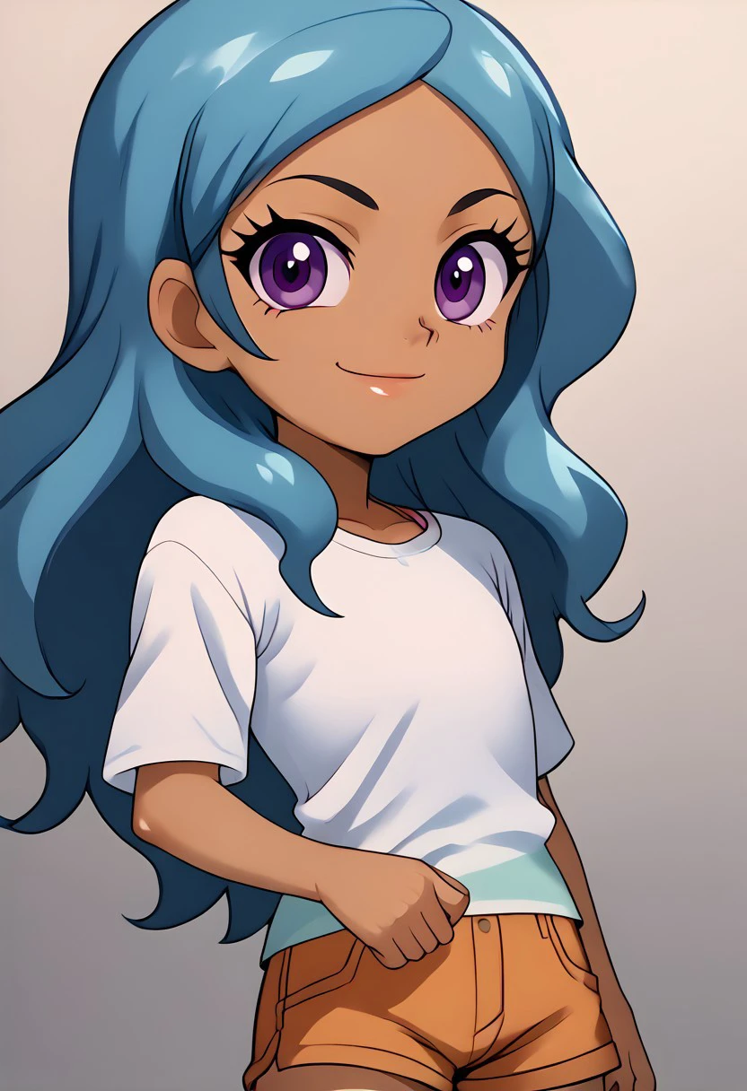 score_4_up, bakugan battle planet, lia venegas, 1girl, blue hair, solo, smile, looking at viewer, dark skin, ((long hair)), dark-skinned female, shirt, purple eyes, eyelashes, white shirt, cowboy shot, short pants