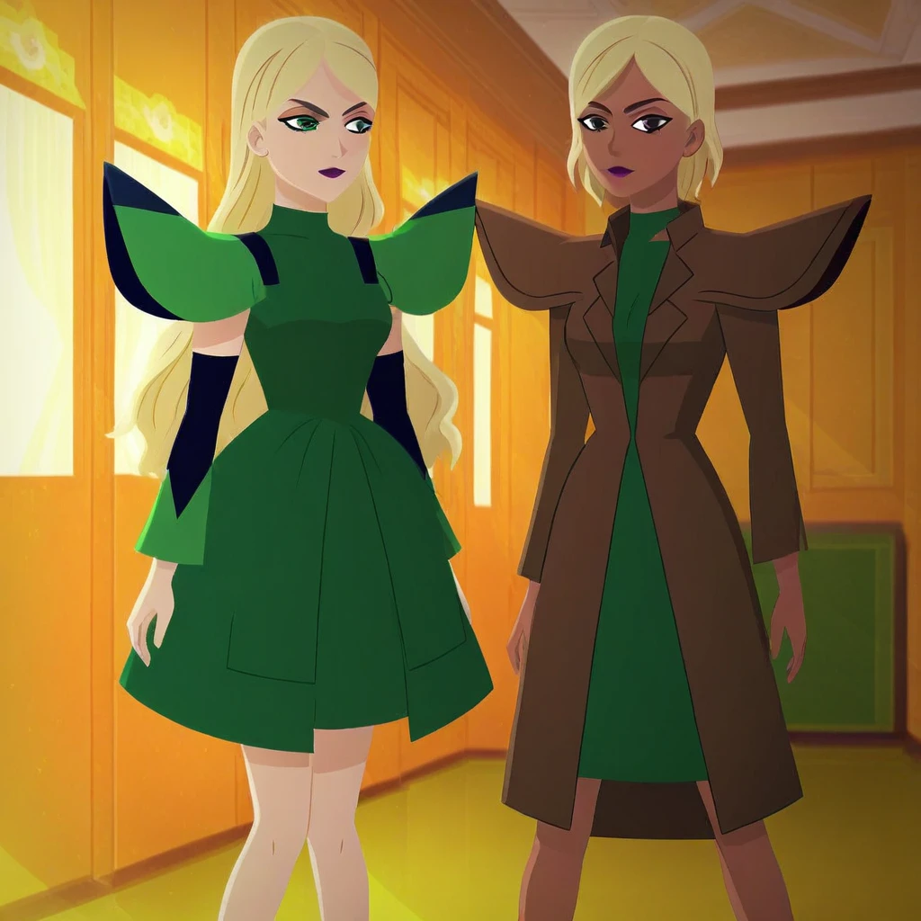 short hair, indoors, pose, brown eyes, shirt, green dress, layered sleeves, brown jacket, red jacket, dark skin, long sleeves, makeup, shoulder pads, long hair, standing, blonde hair, long jacket, green eyes