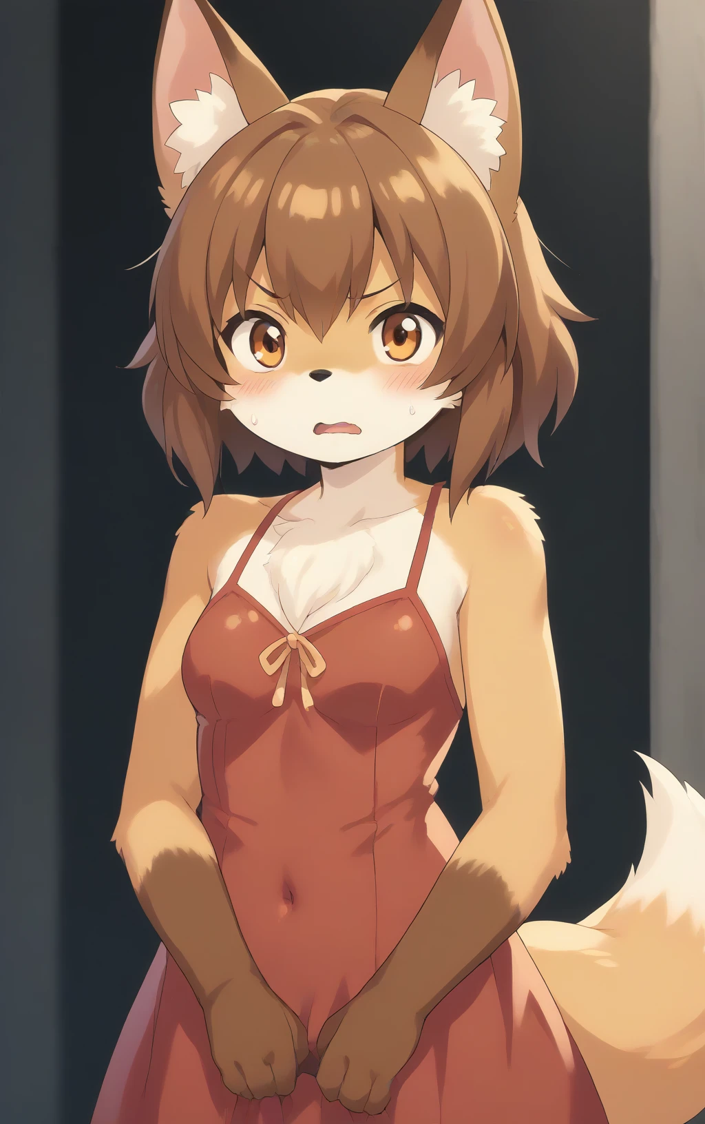 score_9, score_8_up, score_7_up,score_6_up,score_5_up, source_furry, 1girl, solo, cub, anime screencap, animal ears, furry, brown hair, tail, navel, blush, furry female, open mouth, (looking at viewer), fox ears, embarrassed, (tsundere:0.5), jitome, brown eyes, breasts, brown fur, animal ear fluff, fox tail, short hair, animal nose, sweatdrop, small breasts, bangs, body fur, white fur, fox girl, dress, upper body, white background, <lora:TsundereFox_pony_v1:1>, tfg, <lora:p:0.35> <lora:Anime_Screencap:1>