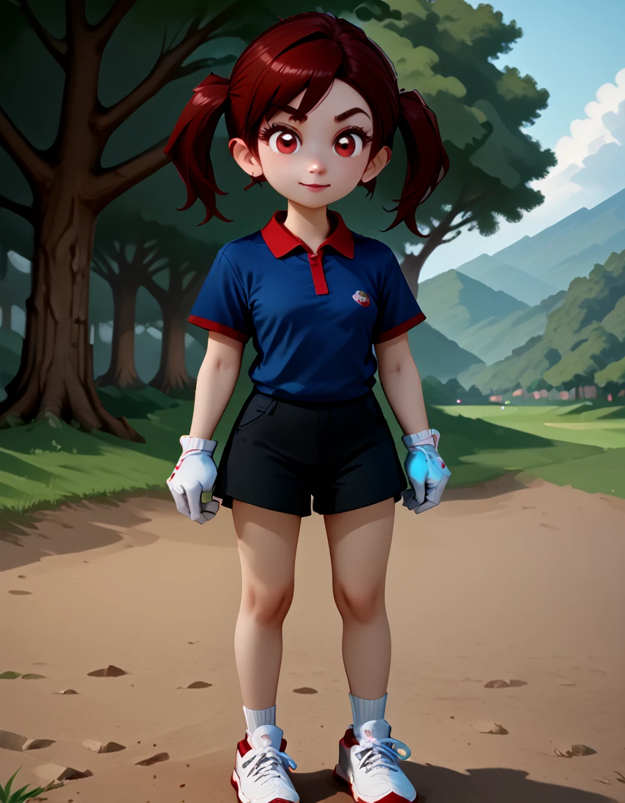 <lora:Plum V3 Pony:1> plum (mario golf 64), 3d, low poly, plum, 1girl, solo, brown hair, pigtails, green eyes, dark blue shirt, red collar, red cuffs, white gloves, black shorts, bare legs, socks, red and white sneakers, white sneakers, full body, smile, golf course,, source_cartoon, score_9, score_8_up, score_7_up, score_6_up, score_5_up, score_4_up,