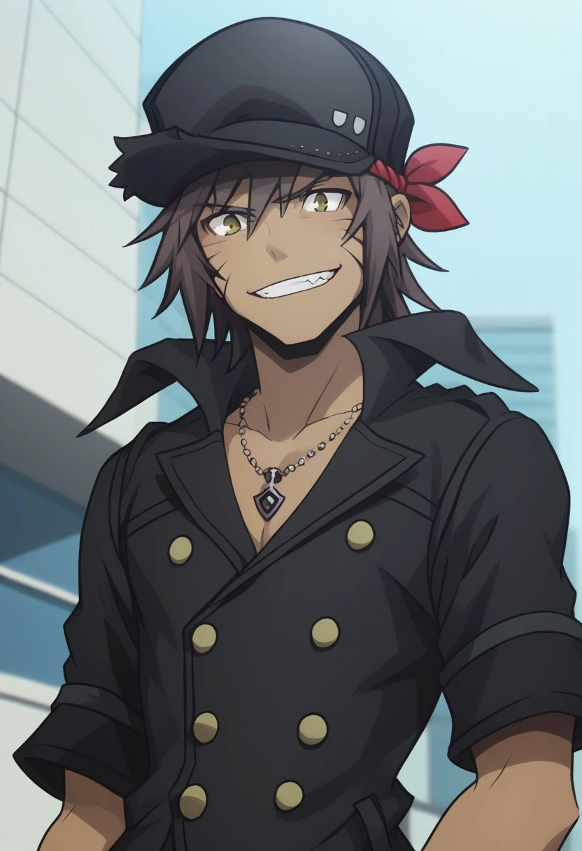 score_9, score_8_up, score_7_up, source_anime, highly detailed, 
minamoto, 1boy, solo, male focus,  jewelry, hat, yellow eyes, brown hair, necklace, standing,
dark skin, dark-skinned male, black headwear, looking at viewer, buttons, grin, shirt, bandana, upper body, evil laugh, portrait,
outdoor, street, building, sky