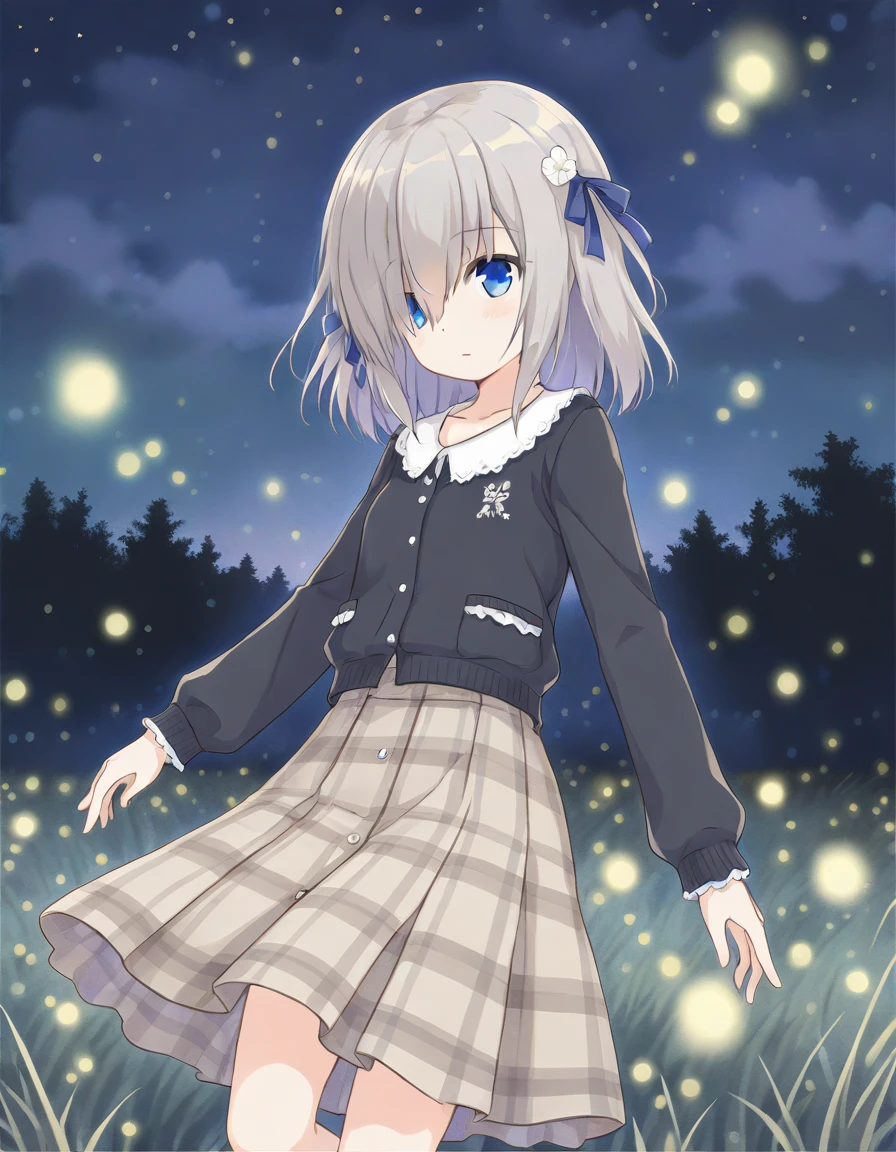 isuzu ren, casual, black short jacker, white frills, long sleeves, beige plaid skirt, hair ribbon, solo, fireflies, night, grasslands, <lora:20240917153047_isuzu_ren_animagine-xl-3.1:0.7>