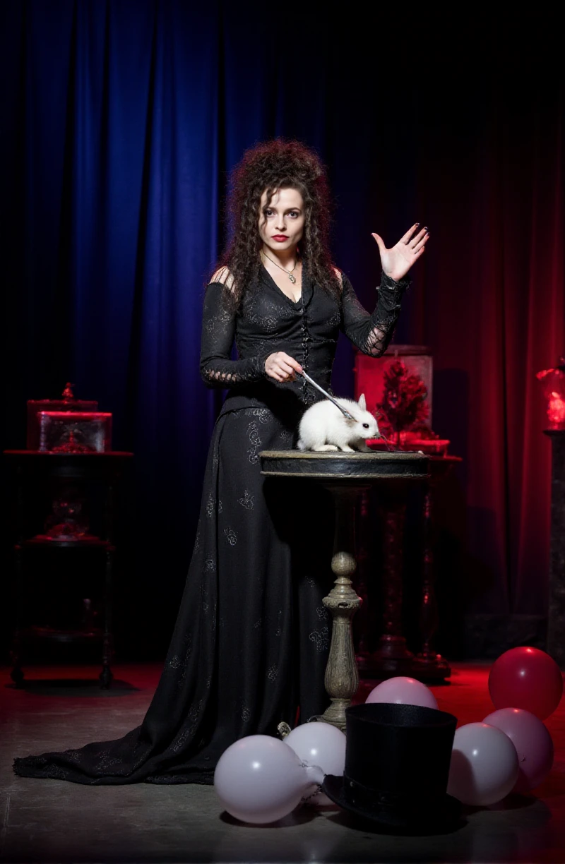 Bellatrix Lestrange is a woman magician doing tricks on a stage with a white rabbit, tophat and balloons  <lora:Bellatrix_Lestrange:0.9>