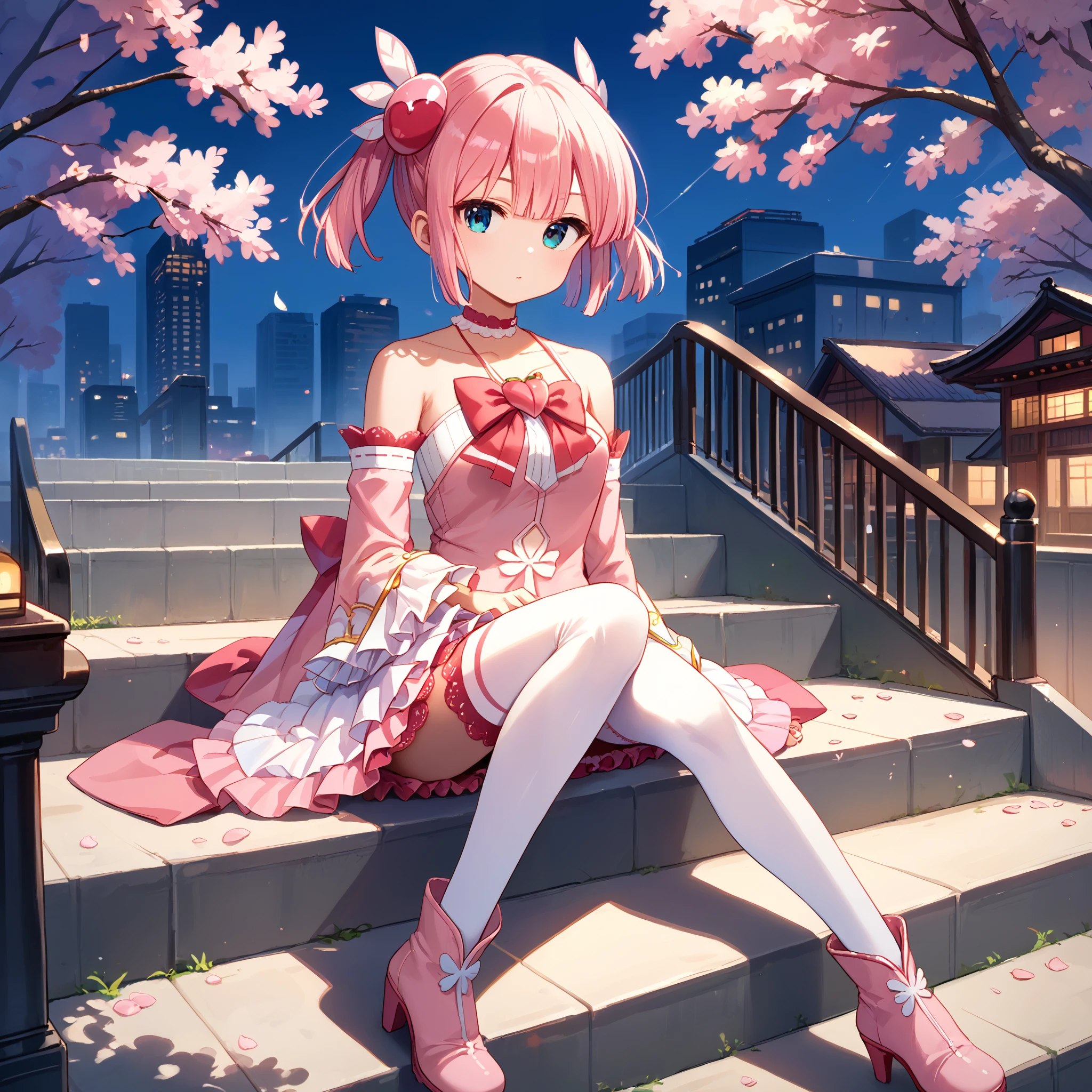 score_9, score_8_up, score_7_up, score_6_up, score_5_up, score_4_up, BREAK source_anime, look at viewer, rating_safe, 1girl, solo, city, cherry blossom, full body, sitting, on stairs, masterpiece, best quality, high detailed skin,    chiyoda momo, blue eyes, pink hair, short hair, momo magic, magical girl, short twintails, wing hair ornament  pink bowtie, pink choker, bare shoulders, detached sleeves, pink skirt, layered skirt, frilled sleeves, frilled skirt, lace-trimmed choker, frilled thighhighs, thighhighs, high heel boots,