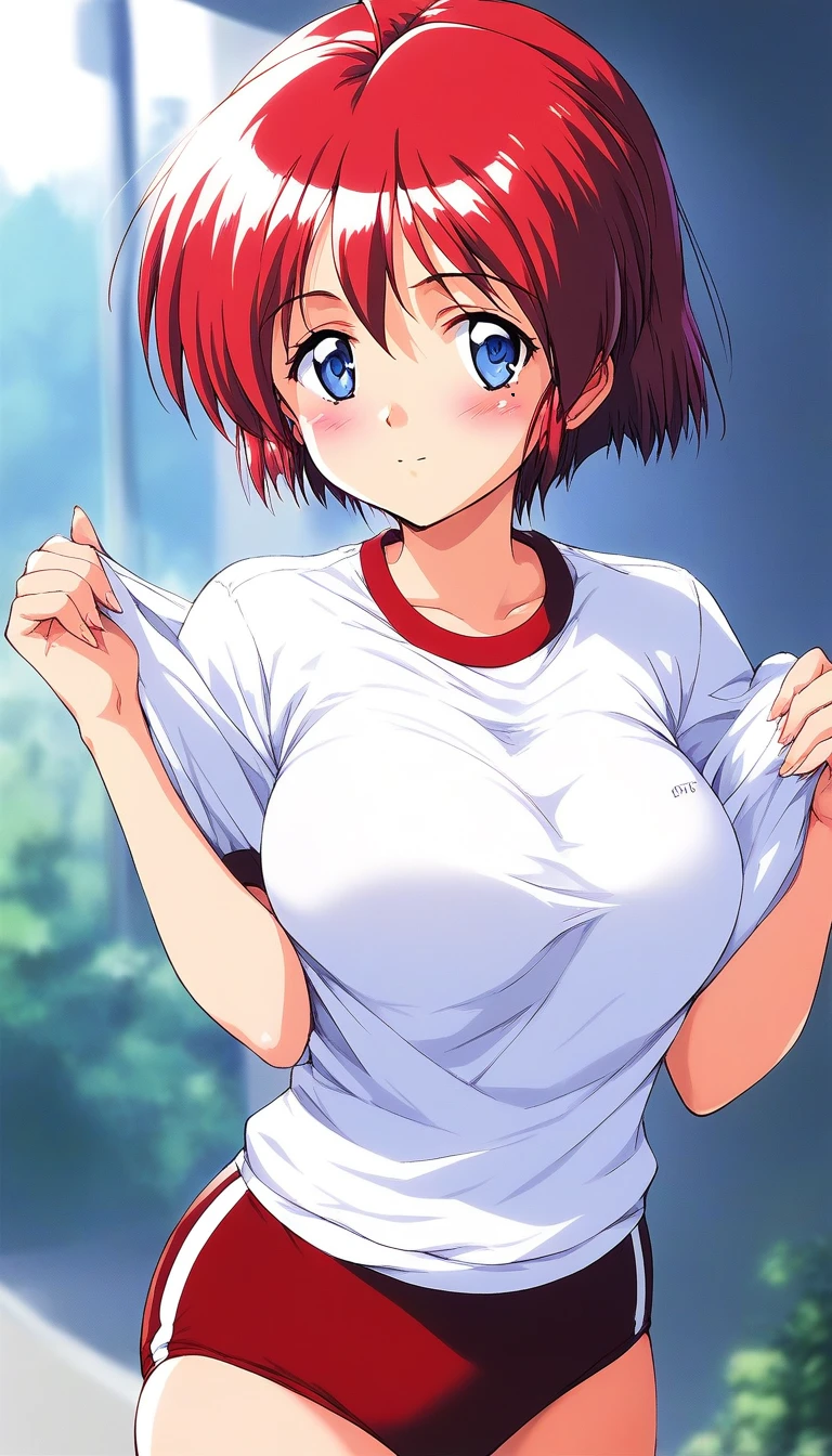 score_9, score_8_up, score_7_up, source_anime, rating_explicit, BREAK  <lora:Hinomoto_Hikari_XL:1> Hinomoto_Hikari, red hair, short hair, blue eyes, breasts, bangs
gym uniform,white shirt, red buruma,
blush,looking at viewer, 
outdoor day sky,
cowboy_Shot,