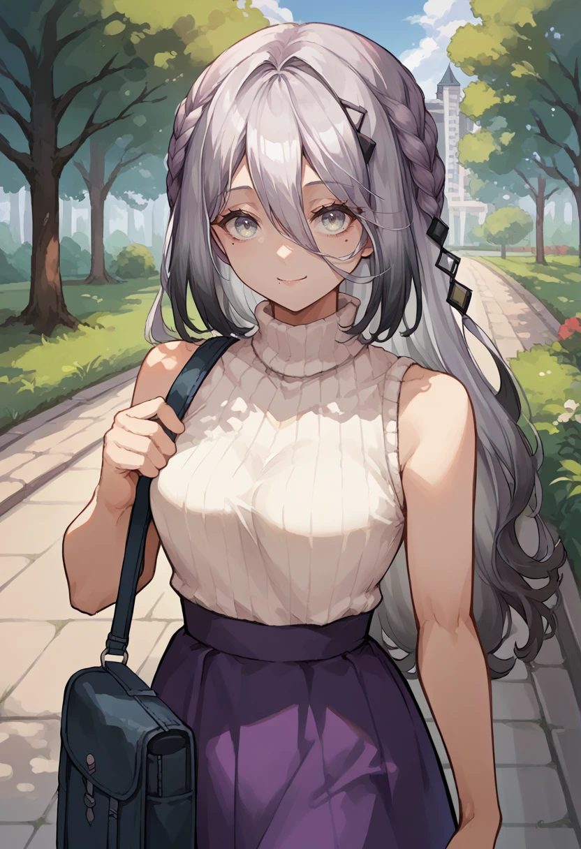 score_9, score_8_up, source_anime, 1girl, solo, SophiaVln, grey eyes, multicolored hair, long hair, braid, mole, turtleneck, white sweater, sleeveless, bare arms, suspender skirt, purple skirt, outdoors, park, shoulder bag, smile, looking at viewer, <lora:ChamSophiaValentinePonyXL:1>