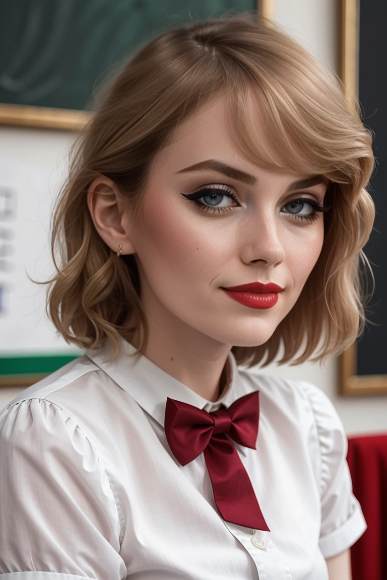 <lora:dianpark-10:0.6>, dianpark,, , ((red lipstick, blush, eyeliner, eye shadow, pale skin)), ((masterpiece, best quality, extremely detailed, high resolution)), ((detailed eyes, detailed face):1.2), ,photo of a woman, RAW, close portrait photo, ((bowtie, shirt)),((short hair)), ((classroom, sitting)), slim body, 8k uhd, dslr, soft lighting, high quality, film grain, Fujifilm XT3 sharp focus, f 5.6, slight smile,