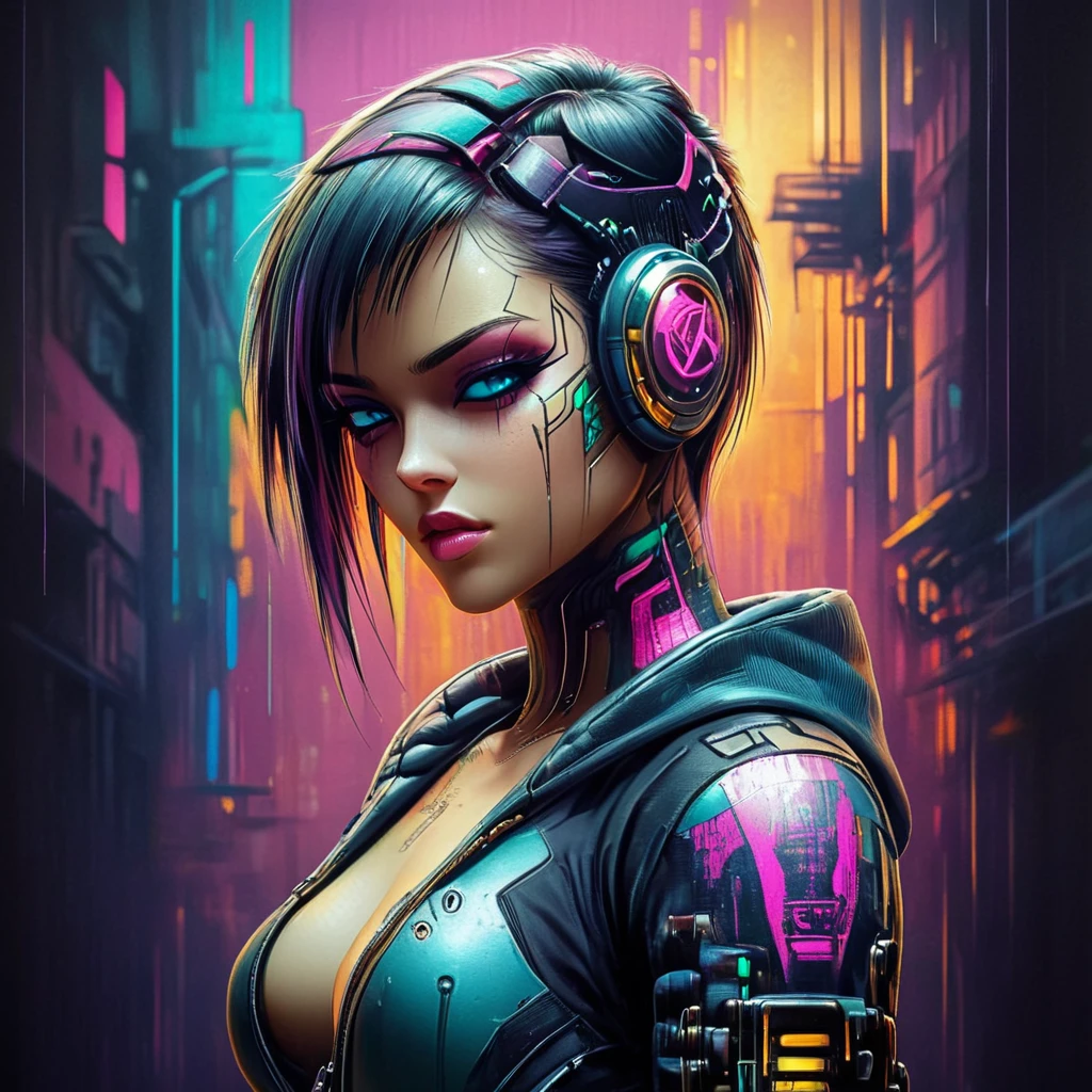 <lora:NeonFantasySDXL:1> ArsFriends, masterpiece, ((inkpunk cell-shaded style)), realistic painting, portrait of a beautiful cyberpunk girl, mad-cybrpnkimprss, abstract background of cyberpunk street