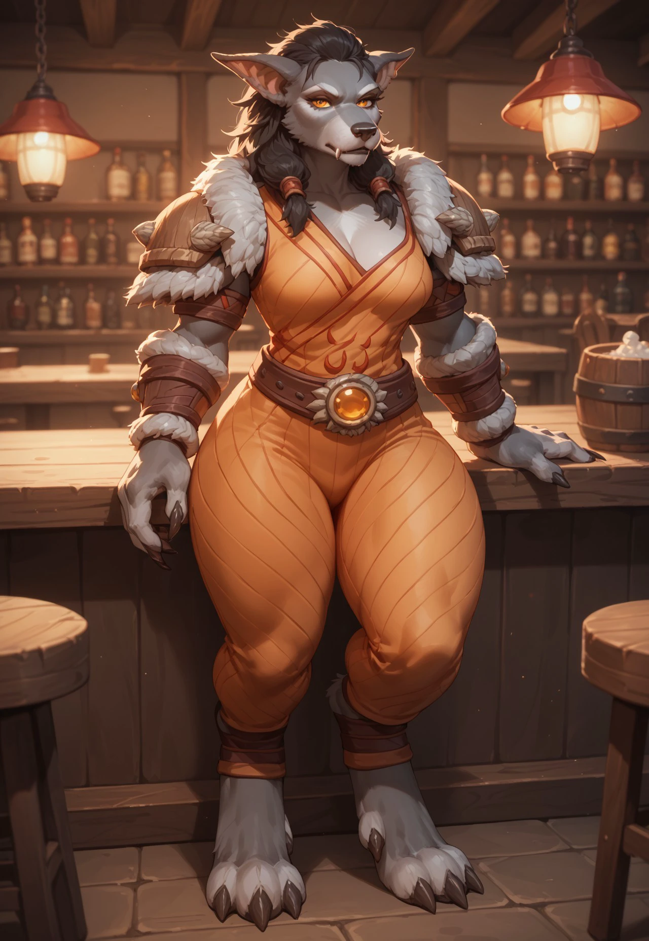 score_9, score_8_up, score_7_up, ,perfect, tall, strong body,  one woman, female, 1girl tall female, alone, furry(((wow Worgen))) armor, serious, Buff,  female, tall, muscular,full body shot, tavern(extra thicc thighs)))pants