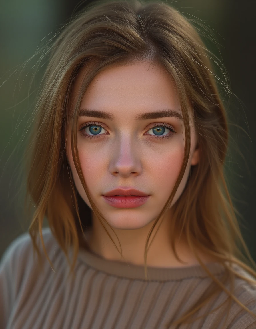 Generate 8k realistic photo portrait of a half-body young woman 30 years old, no makeup. In the style of Brandon Woelfel photography. 45 degrees from the camera. 85mm f1.4