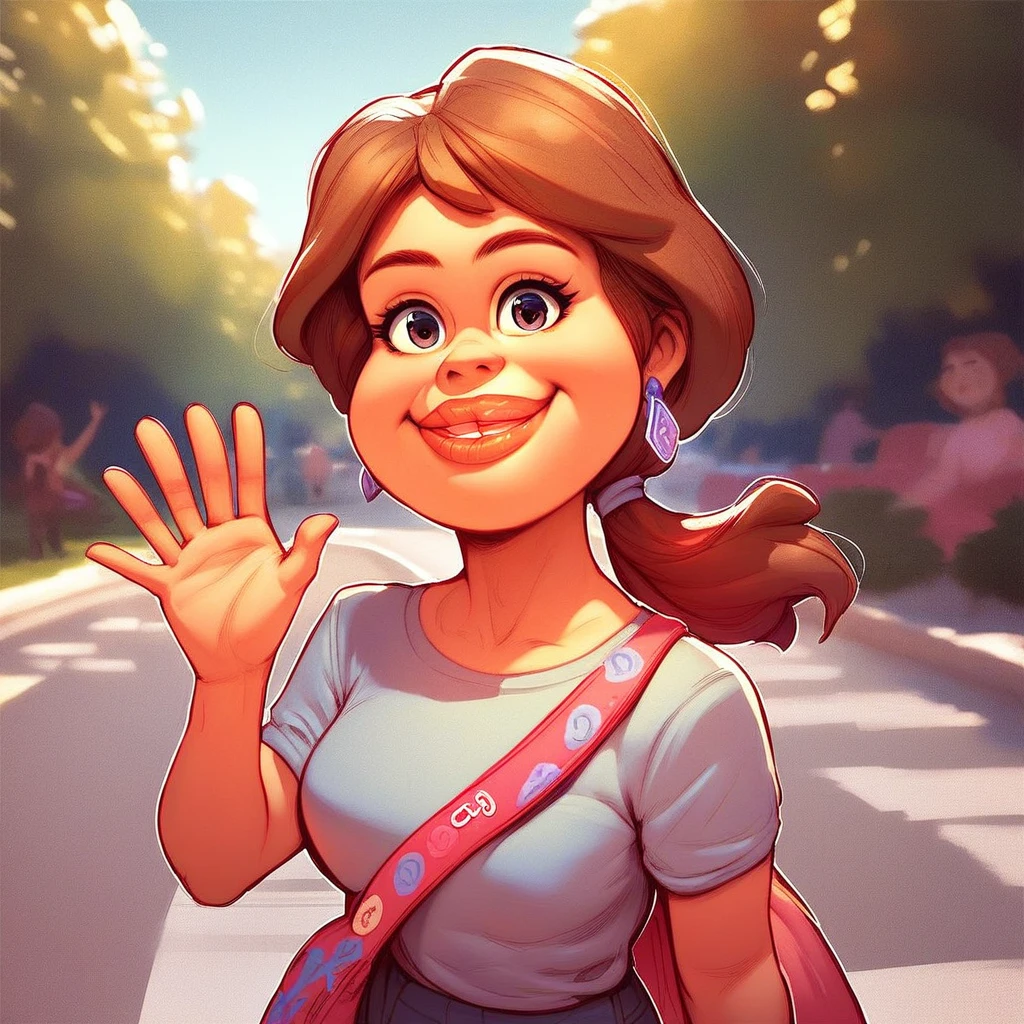 score_9, score_8_up, score_7_up, (Melody), 1girl, brown hair, ponytail, big lips, solo. standing, public park, smiling, looking at viewer, waving to viewer, source_cartoon, detailed background