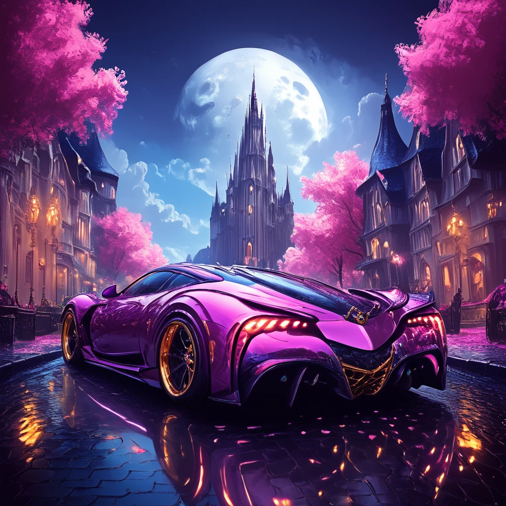 core_9, score_8_up, score_7_up,  <lora:NeonFantasyPony:1> ArsFriends, The image is a digital illustration of a futuristic sports car parked on a cobblestone street in front of a castle. The car is a purple sports car with gold accents and has a sleek and aerodynamic design. It has a large front grille and a curved roofline with a large spoiler on the back. The street is lined with trees with pink flowers on either side and there are buildings with ornate architectural details on both sides. In the background there is a large cathedral with a tall spire and a clock tower. The sky is dark and cloudy and the overall mood of the image is mysterious and magical., ground vehicle, car, motor vehicle, no humans, vehicle focus, moon, night, sky, outdoors, tree