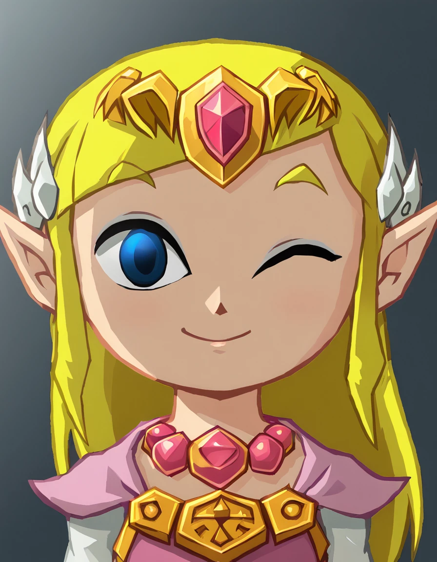 <lora:ToonZelda1.5:1> ToonZelda, 1girl, princess zelda, solo, blonde hair, pointy ears, smile, tiara, one eye closed, blue eyes, jewelry, dress, upper body, necklace