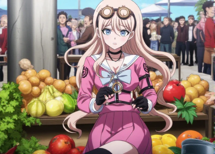 solo, <lora:Miu_Iruma_Flux_r1:1.1>,  <lora:Mistoon_Anime_Flux:0.7> , anime.    This is an anime screencap from Danganronpa 3.        Miu Iruma wearing her uniform from Danganronpa V3. Miu Iruma has waist-length strawberry blonde hair that flows in waves around her back, with two short locks of hair sticking up at the top of her head, sweeping to her right. Her bangs are long and wispy, swept somewhat to her left. She has ice-blue eyes. Her head accessories consist of a pair of brown goggles with gold accents. Miu wears a modified, long-sleeved, dark pink seifuku uniform with a white sailor collar and sleeve cuffs, both striped with a single faded pale blue line, a faded pale blue bow tied at her collar. Her chest cover is noticeably missing, her cleavage exposed. A crest can be found in black printed at the shoulders of her sleeves. She wears a short, dark pink pleated skirt the same color as her uniform, vertically striped off-white knee-high socks, and black heeled boots accented with gold buckles, studs, and buttons. Her accessories include a black choker, two rubber collars that resemble barbed wire, black fingerless gloves studded with silver, a pin of the mouse mascot from Niko Niko Happy on her collar, black straps connected with gold studs wrapping her left upper arm, and black straps studded with gold linked with gold rings around her torso and legs. Her long black boots reach nearly up to her knees.       This is a close-up of Miu Iruma, who is sitting at a crowded, bustling market stall. She's surrounded by piles of colorful, exotic fruits and vegetables, and she's holding a strange, mechanical gadget in her hands, trying to figure out how it works. Behind her, a crowd of curious onlookers watches in fascination.