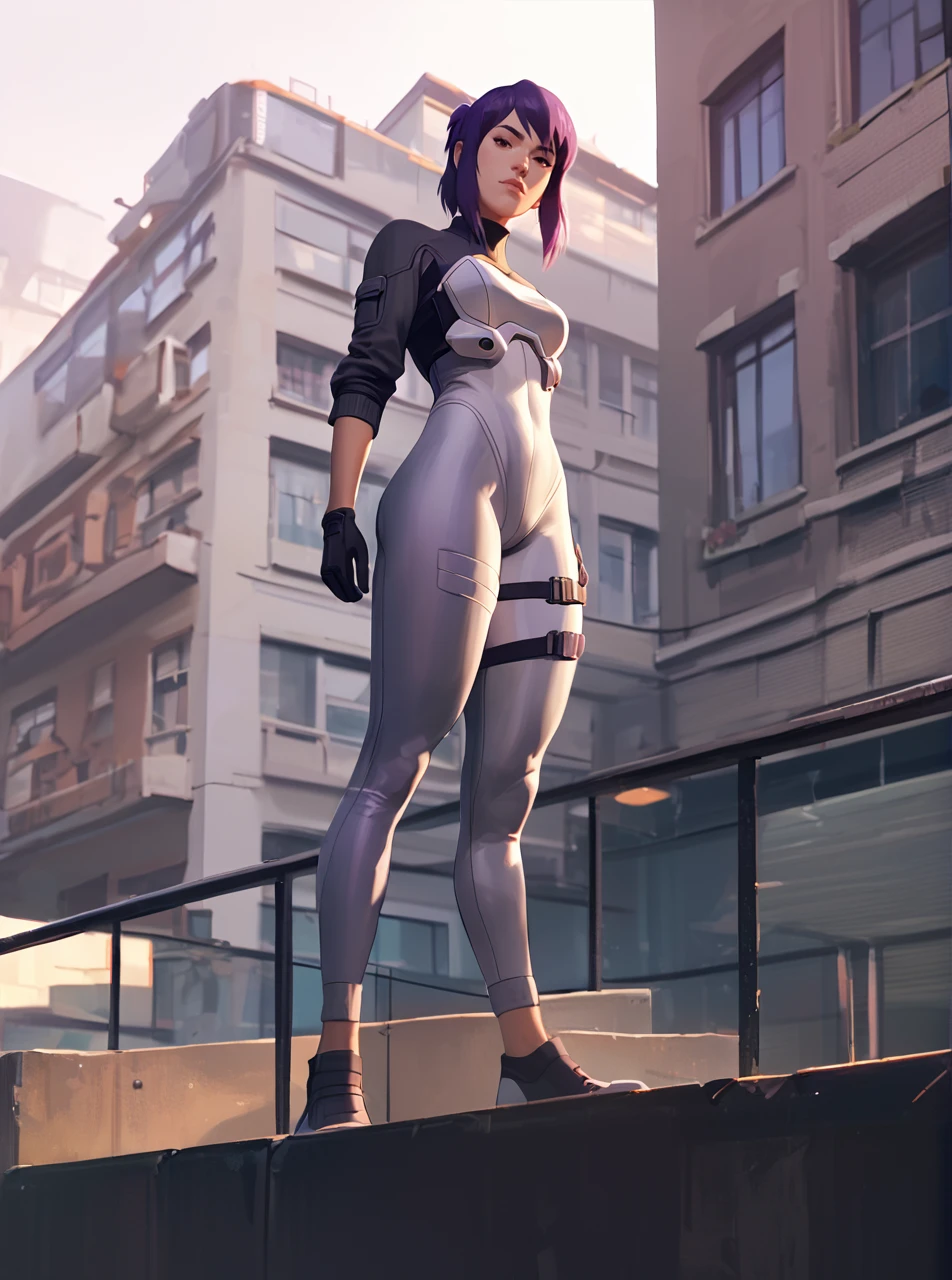 score_9, score_8_up, score_7_up, <lora:maddiekpxl:0.8>, maddiekpxl, 1girl, short ponytail, wearing flesh tone bodysuit, gits, cartoon, western animation, looking at viewer, flat colors, outline, purple hair, standing on ledge of building, full body, from below, ghost in the shell