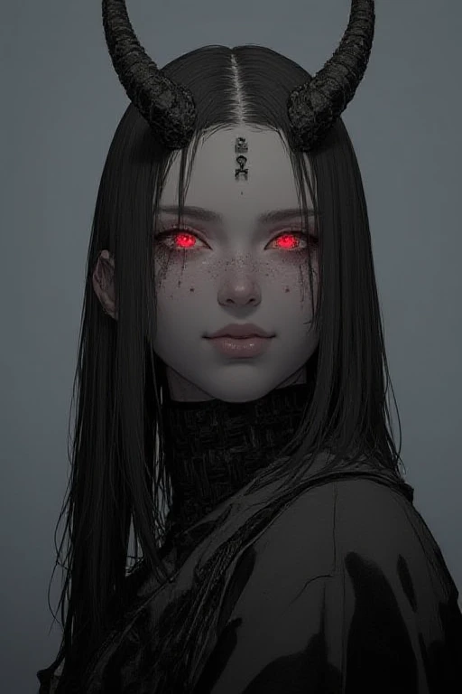 A woman with horns and red eyes is depicted in a black outfit. S1n0z1ck style