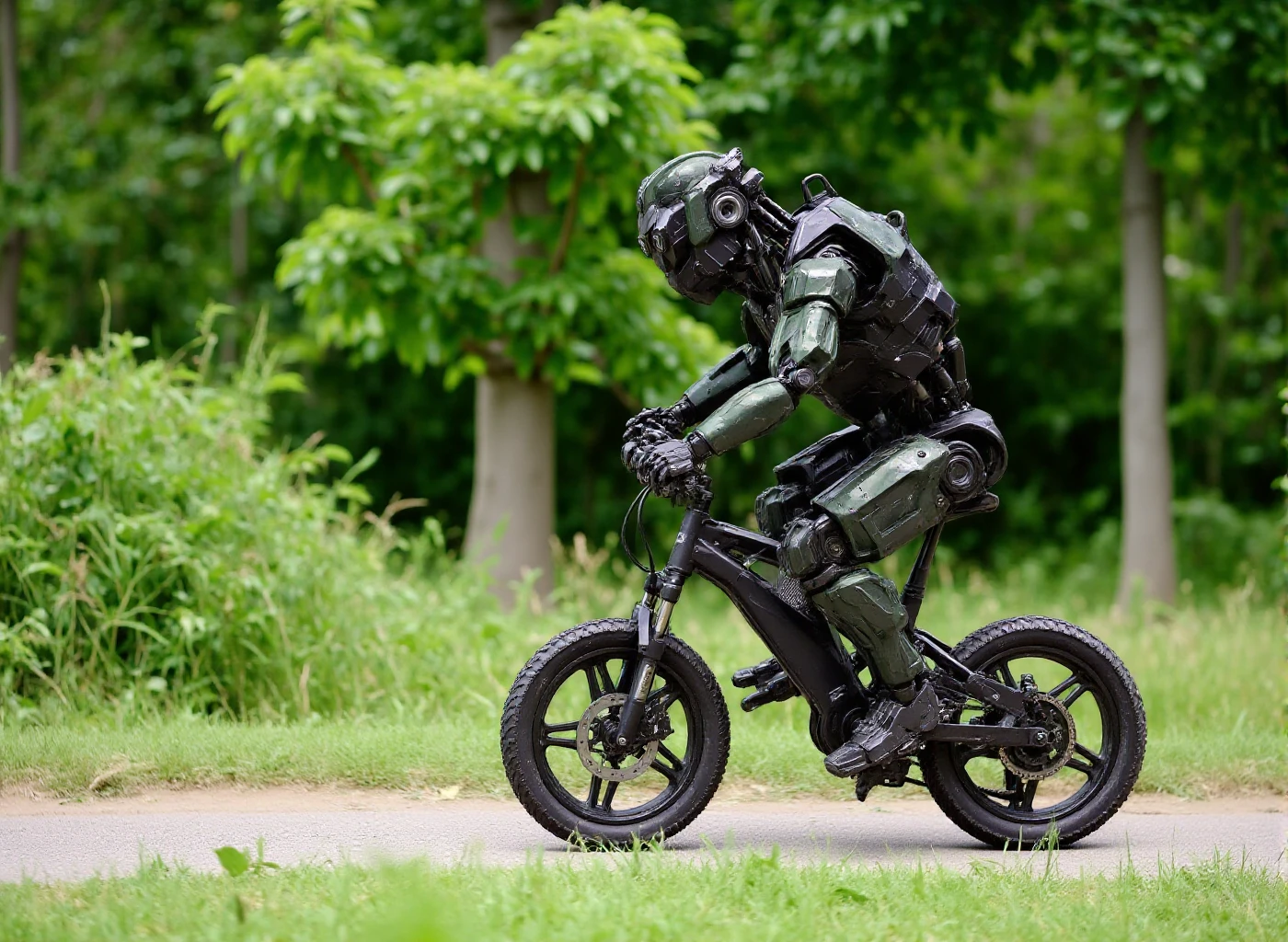 Monster of man robot is riding a bicycle in a park <lora:Monster_of_man:0.9>