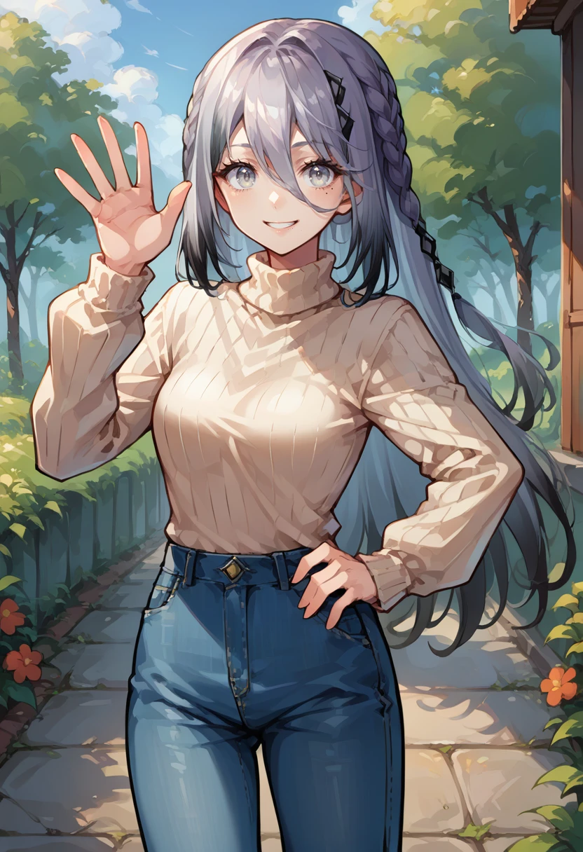 score_9, score_8_up, source_anime, 1girl, solo, SophiaVln, grey eyes, multicolored hair, long hair, braid, mole, outdoors, sweater, ribbed sweater, jeans, hand on hip, waving at viewer, smile, <lora:ChamSophiaValentinePonyXL:1>