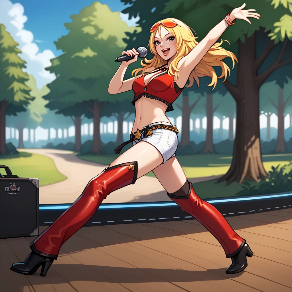 score_9, score_8_up, score_7_up, 1girl, solo, uncensored, agentstarr, smile, open mouth, holding microphone, singing, dancing, arm up, long blonde hair, eyewear on head, orange sunglasses, red sleeveless, crop top, white short shorts, red chaps, black shoes, outdoors, stage, trees, park <lora:AgentStarrXL_v1.0:1>