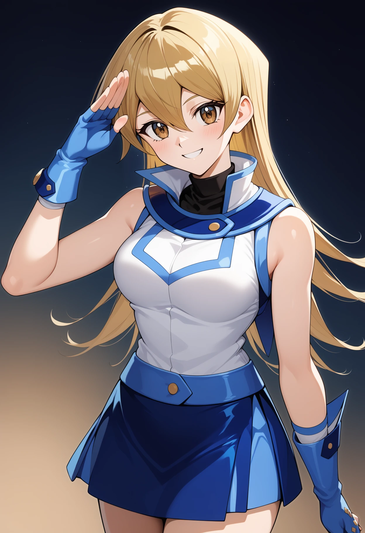 score_9, score_8_up, score_7_up, score_6_up, score_5_up, score_4_up, source_anime, aaasuka, long hair, blonde hair, brown eyes, breasts, turtleneck, white jacket, sleeveless, fingerless gloves, blue gloves, miniskirt, blue skirt, <lora:tenjouin_asuka_ponyxl_v1:0.9>, smile, salute,