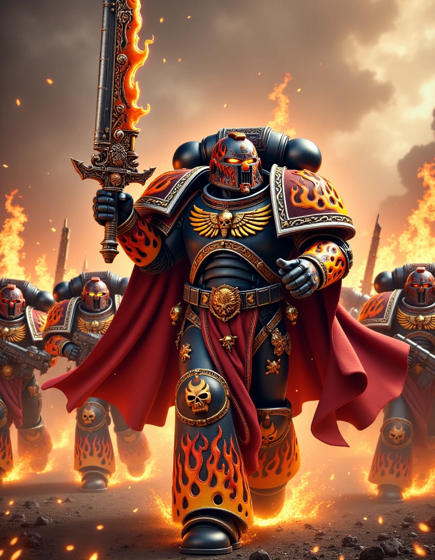 Depict a Space Marine captain leading his squad forward, sword raised high as they charge into battle. The captain’s armor is intricately adorned with flames and bones, his sword glowing with fire. His cape billows behind him as flames erupt from the ground, and his squad follows with bolters blazing. Use an epic, cinematic angle with dramatic lighting and depict the scene in a 3D rendering style, with highly detailed textures on the armor and flames, emphasizing depth and realism.