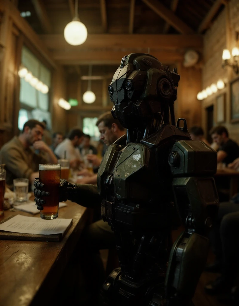 Monster of man robot is having a beer in a pub <lora:Monster_of_man:0.9>