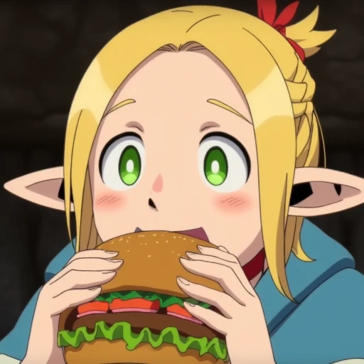 Marcille an elf from Dungeon Meshi series eating a burger