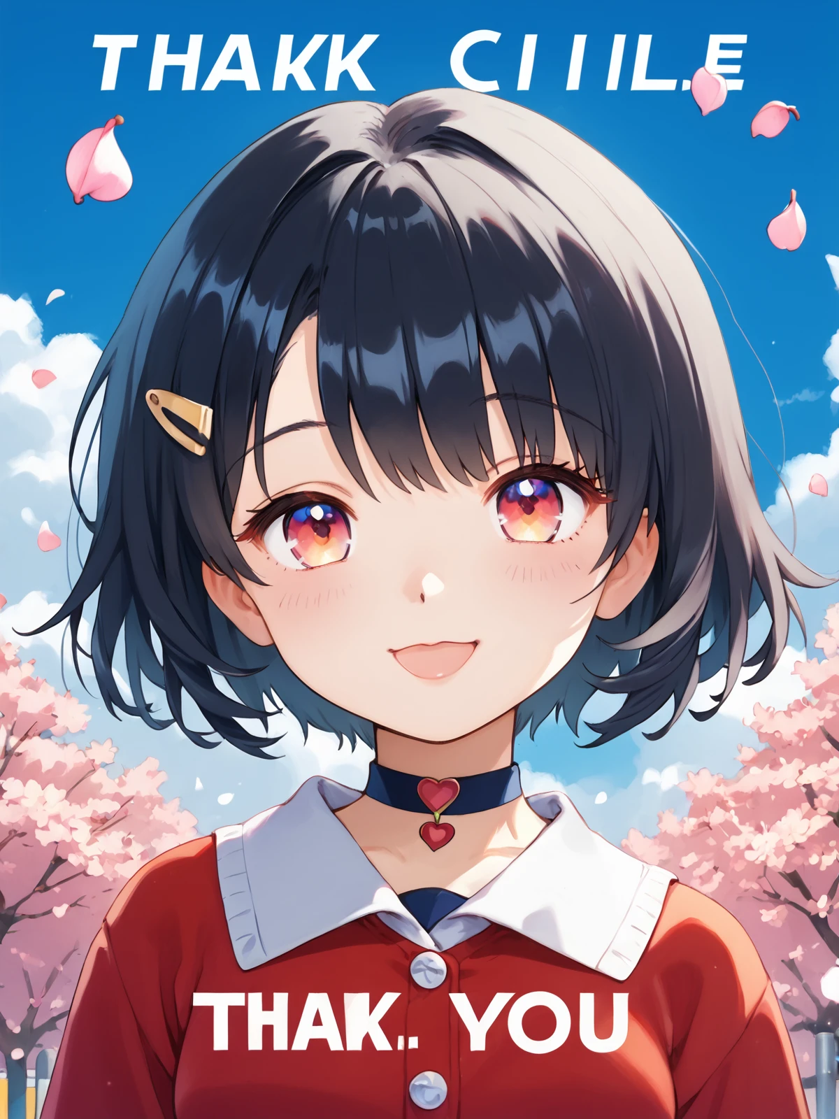 score_9, score_8_up, score_7_up, kazuka tokio, a girl with black hair and a bow in her hair is standing in front of a colorful background with the words viiver, 1girl, bangs, black hair, blue sky, blush, cherry blossoms, choker, cloud, copyright name, cover, day, english text, eyebrows visible through hair, hair ornament, hairclip, heart, letterboxed, looking at viewer, open mouth, petals, short hair, sky, smile, solo, thank you, virtual youtuber
<lora:kazuka tokio (bikid's! and kazagake shohjogumi!)_20240915_epoch_35:1>