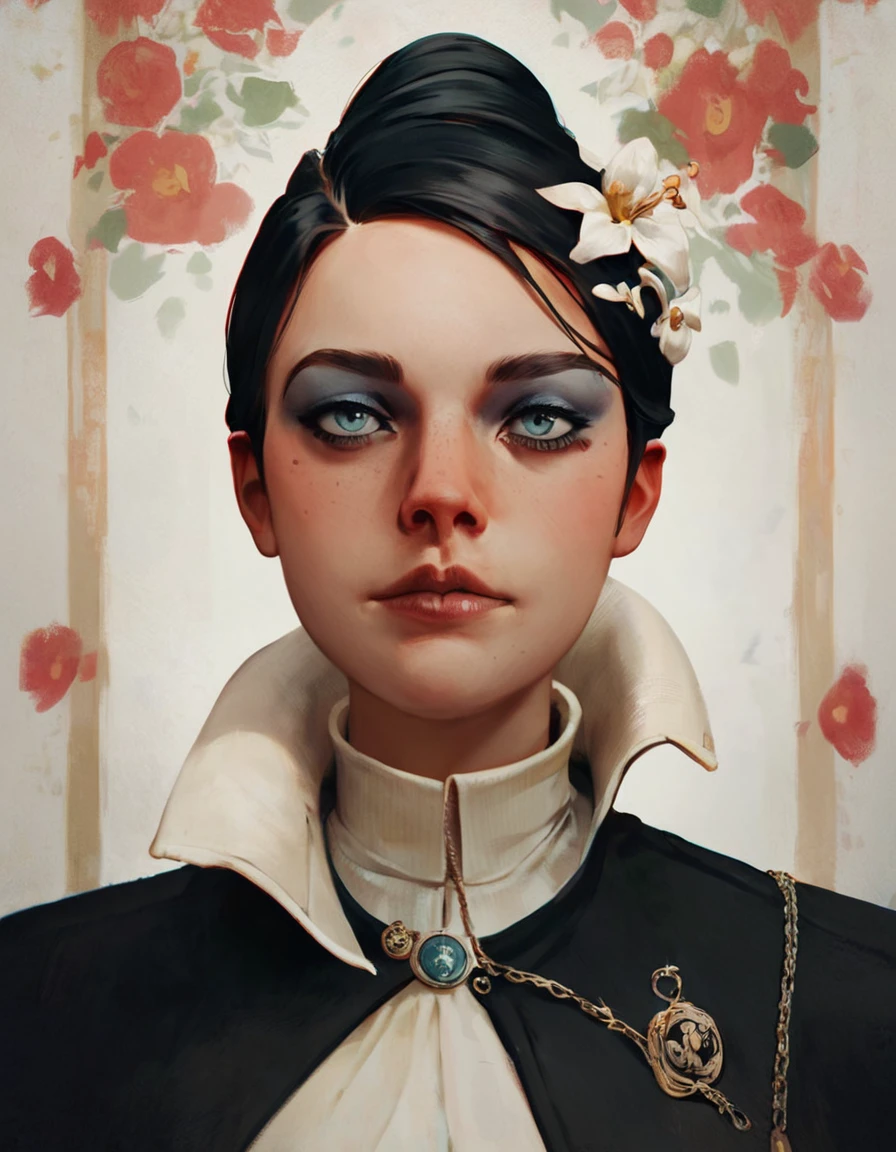 <lora:dishonored_xr_jessamine_v1.1b:0.7> score_9, score_8_up, score_7_up, Jessamine, a woman in a black suit with a white collar, poster flower