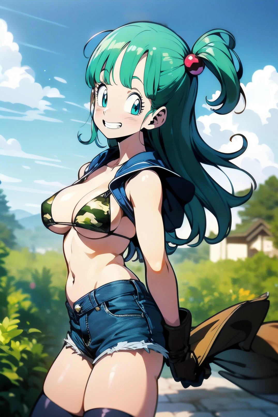 1girl, bulma_brief,  <lora:bulma_brief_v3:1>, (solo), green eyes, grin, aqua hair, bangs, long hair, (one side up:1.2), thick, large breasts, (camouflage bikini), hair bobbles , black gloves, elbow pads, (denim shorts), (thighhighs), standing on one leg, upper body shot, bust shot, dragonball style, garden city, (wind:1.2), (masterpiece:1.4), extremely detailed, (high resolution), (best quality),