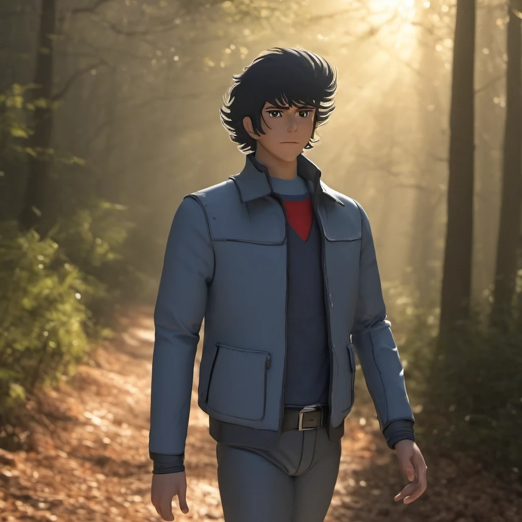 ultrarealistic, standing, full body,alcor in jacket,walking on a forest path. the sun casting its morning light through the branches
 <lora:more_details:1><lora:alcor_01:1>