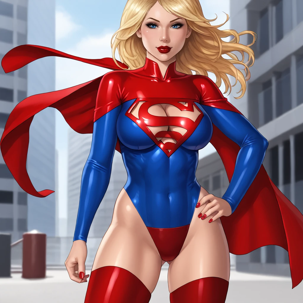 <lora:supergirlcleavage_pony_v1:1>  SupergirlCleavage, 1girl, solo, cleavage cutout, cape, blue eyes, clothing cutout, superhero, lipstick, makeup, underboob cutout, lips, groin, large breasts, blonde long hair, red thighhighs, red highleg leotard, nail polish, hair down, red nails