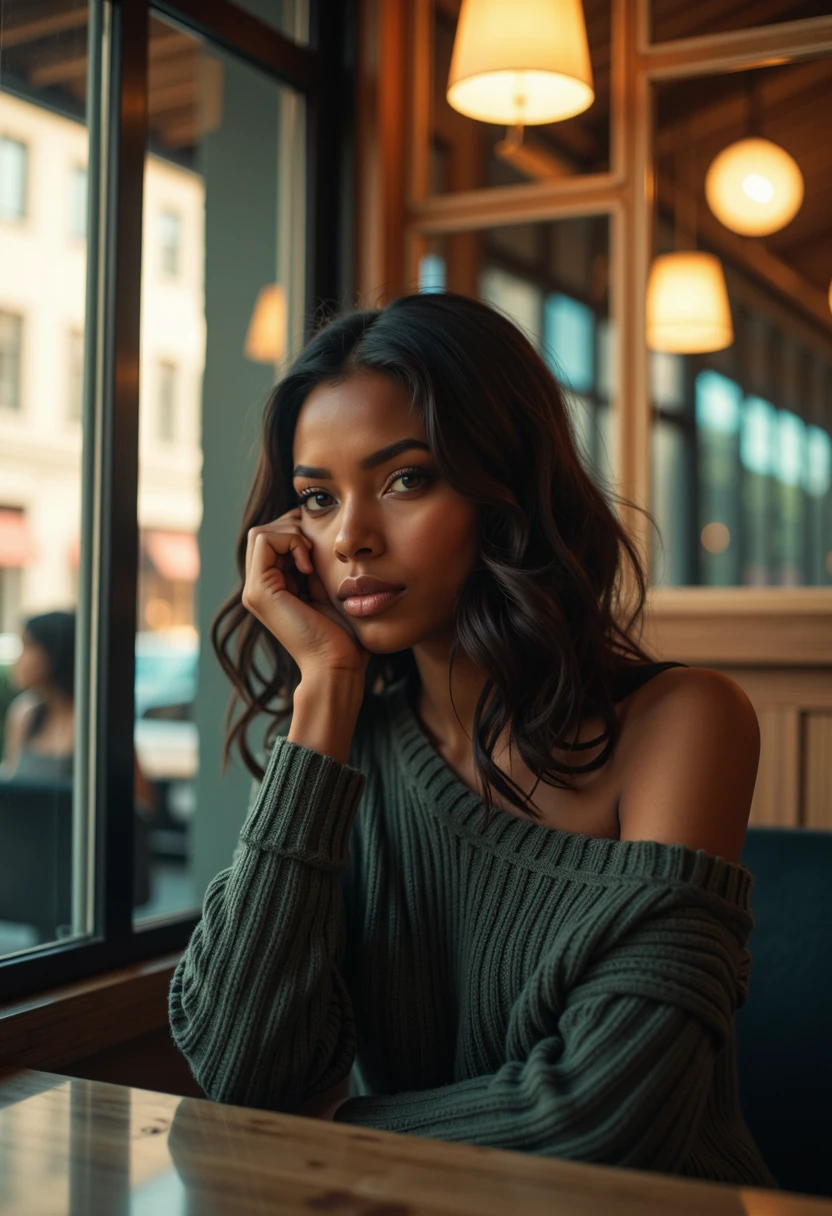 mysterious shy black woman in a french cafe, off-shoulder sweater, perfect hands. highly detailed eyes, fading backlit background, pastell colours, alluring goddess, amazing depth, double exposure, surreal, geometric patterns, intricately detailed, bokeh, perfectly balanced, deep fine borders, artistic photorealism , smooth