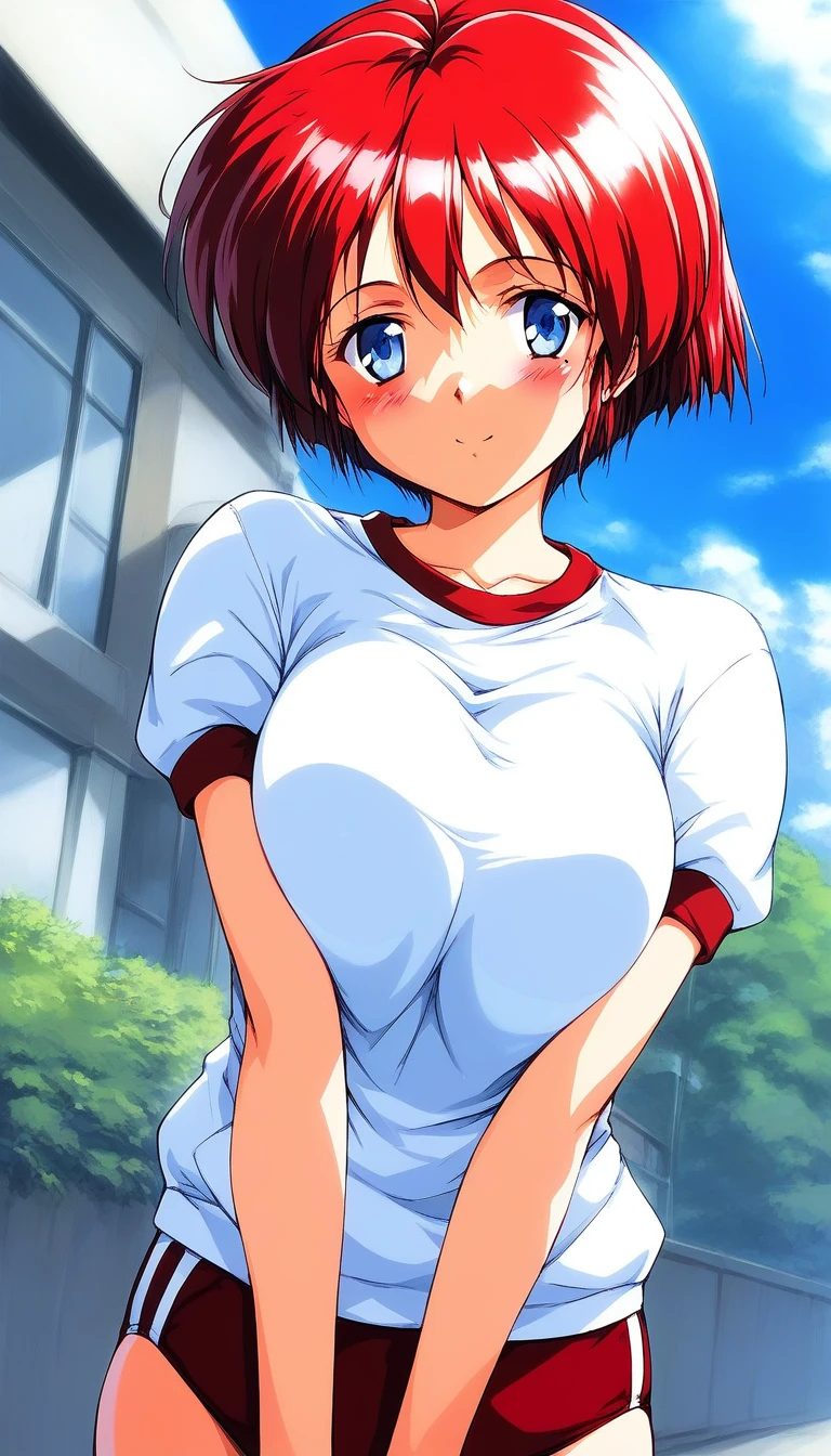 score_9, score_8_up, score_7_up, source_anime, rating_explicit, BREAK  <lora:Hinomoto_Hikari_XL:1> Hinomoto_Hikari, solo, red hair, short hair, blue eyes, breasts, bangs
gym uniform,white shirt, red buruma, v arms, 
blush,looking at viewer, 
outdoor, day, sky,
cowboy_Shot,