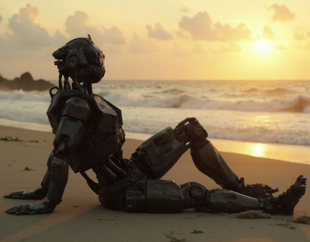 Monster of man robot laying on the beach facing the viewer at sunset<lora:Monster_of_man:0.9>