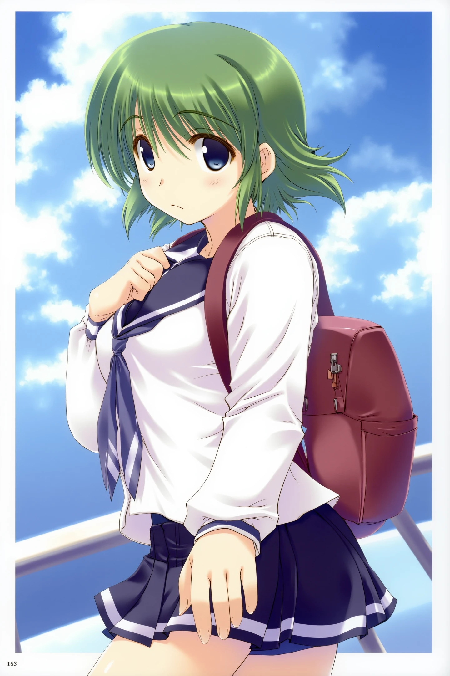 1girl,solo,green short hair,school uniform,bag,backpack,black eyes,looking back,blush,blue sky,cloud,
<lora:Amaduyu Tatsuki_FLUX:1>,