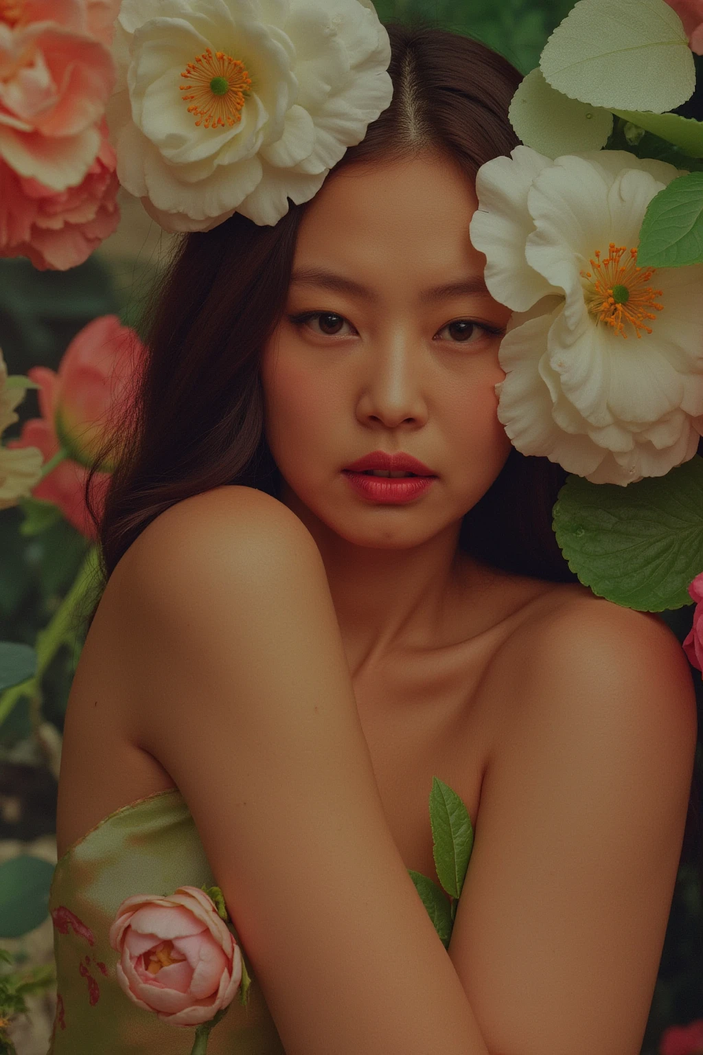 Instagram close up portrait of a young woman J3nn1 with a vibrant background filled with large, bold flowers. The flowers dominate the composition, creating a sharp contrast with her skin tone and overall appearance. Her expression is calm and slightly mysterious, with her gaze subtly turned to the side, away from the camera. Some of the large flowers overlap with her figure, creating a dreamy, surreal atmosphere, as if she is either merging with or emerging from the floral background.