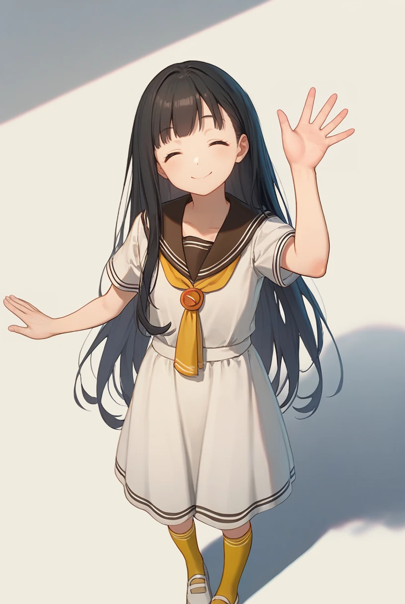 (score_9,score_8_up,score_7_up, ),
TMLH_NK,long hair,black hair,1girl,white dress,smile,yellow socks,brown sailor collar,short sleeves,sailor dress,standing,yellow neckerchief,<lora:TMLH_NK_pony:1>,simple_background,white_background,solo,waving,closed eyes,head_tilt,looking_at_viewer,from_above