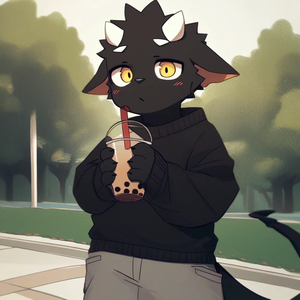 score_9_up, score_8_up, score_7_up, source_furry, mikus-monu__, black dragon, black body, white horns, yellow eyes, park, holding, bubble tea, black sweater, gray shorts, 1boy, solo