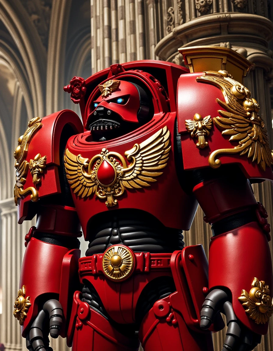 "Imagine a scene in the style of a Baroque painting, where a Blood Angel Terminator, adorned in deep crimson armor with gold filigree, stands within a gothic cathedral. The blood drop emblem of the Blood Angels, encircled by angelic wings, is prominently displayed on his chest. His armor is detailed with sculpted cherubs, purity seals, and scrollwork, alluding to the Chapter's aesthetic of tragic beauty and honor. Dramatic lighting casts long shadows, giving his armor a metallic gleam as he prepares for battle, embodying both the elegance and ferocity of the sons of Sanguinius."