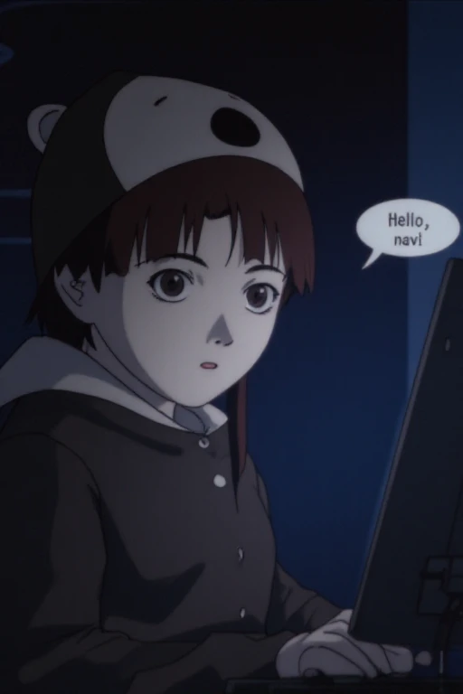 <lora:fluxlainlorav2:1>Photo-realistic view of life-like character Lain Iwakura sitting in front of her computer, wearing her iconic bear costume. The costume covers her entirely, with her face peeking out from the bearâs hood, showing her focused expression as she looks at the screen. Her eyes are wide and reflective, filled with concentration as she interacts with her computer. A comic bubble is prominently placed above her, containing the text 'Hello, navi,' ensuring it is clearly visible and integrated into the scene. The background is dimly lit, with the glow of the computer screen illuminating her face and the surrounding area, emphasizing her engagement with the digital world. The realistic texture of the bear costume, her skin, and the soft lighting add depth and authenticity to the image, perfectly blending the surreal nature of Lainâs character with a lifelike portrayal. Make sure the comic bubble text is displayed clearly and positioned naturally to convey her words accurately."