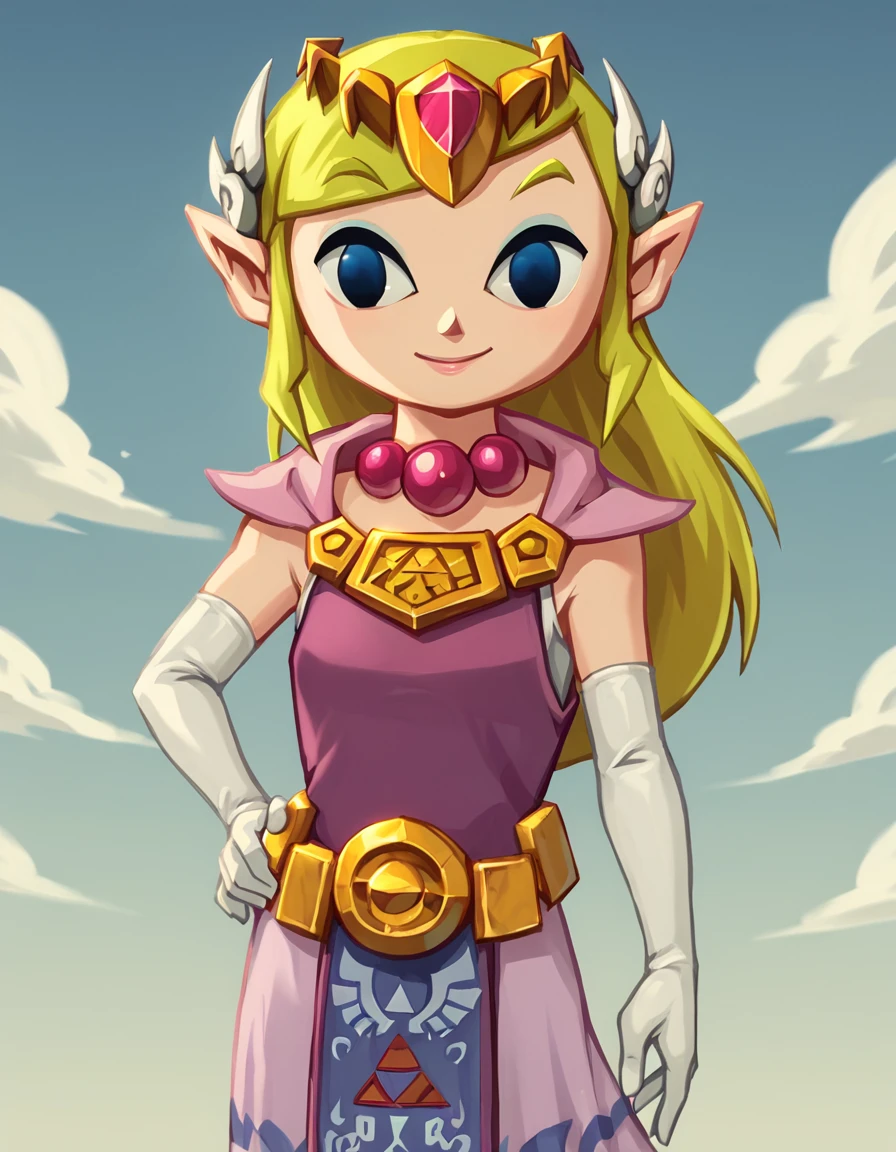 <lora:ToonZelda1.5:1> toonzelda,2d, 1girl, solo, pointy ears, pink dress, long hair, hair ornament, capelet, blonde hair, tabard, elbow gloves, pearl necklace,blue eyes, belt, looking at viewer,hand on hip, cowboy shot,, score_9, score_8_up, score_7_up, score_6_up, score_5_up, score_4_up,smile,