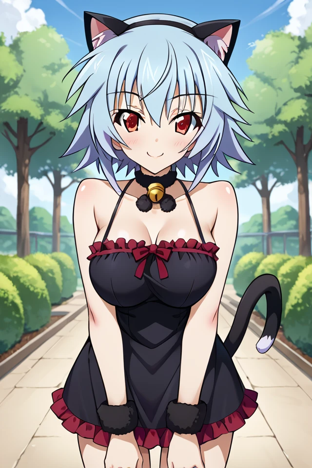 Tatenashi Sarashiki, infinite stratos, score_9, score_8_up, score_7_up, source_anime, short hair, medium hair, blue hair, red eyes, sexy dress, outdoors, smile, seductive smile, looking at viewer, cowboy shot, 1girl, solo, (infinite stratos), (sarashiki tatenashi), (big breast), (large breasts), sexy, blush, erotic, cat_costume,<lora:Tatenashi Sarashiki PonyXL-10:0.7>