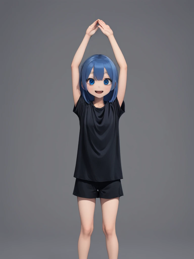 (maru_arms:1.2), (arms up:1.2), (happy smile:1.2), (wide shot:1.3), (wide angle:1.3), best quality, brightness, aoichan, (simple blue middle hair:1.4), 1girl, (simple black t-shirt, :1.5), detailed blue eyes, (simple unprinted black t-shirt:1.4), standing, talking, (open mouth:0.8), (white background:1.4), (simple unprinted black t-shirt:1.4), <lora:aoichanSDXL_v1:0.8>, <lora:neg4all_bdsqlsz_xl_V91:1>, <lora:badhands:0.7>, <lora:maru_armsSDXL_v2:0.8>,