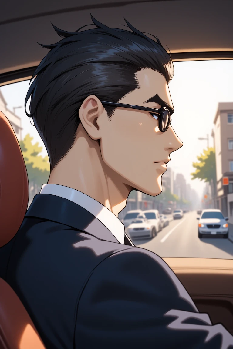 in a natural morning lighting, SoeSNS, an intricate illustration of an anime male, with unique slicked back black hair, black glasses, brown eyes, he is driving a car at the streets of Japan, the image is taken from inside showing his masculine profile view