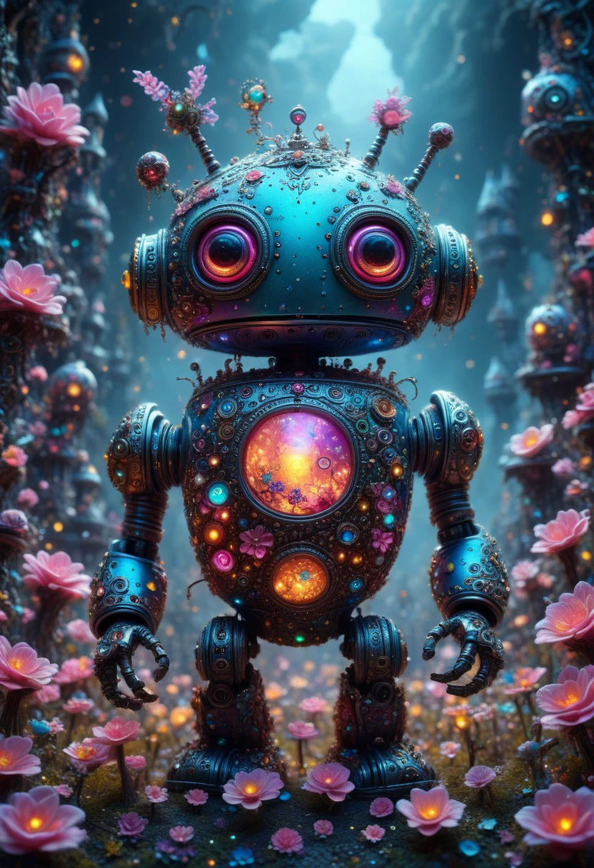 professional photography of an fantastical cute robot with whimsical elements, flowers and swirling magic, eerie fairytale landscape, elaborate fantasy style art, very colorful, intricate details, ultra sharp, exquisite detail, flawless composition, vivid colors, masterpiece, exciting background, magical glow, internal glow, magic, fantasy, glowing, colorful,