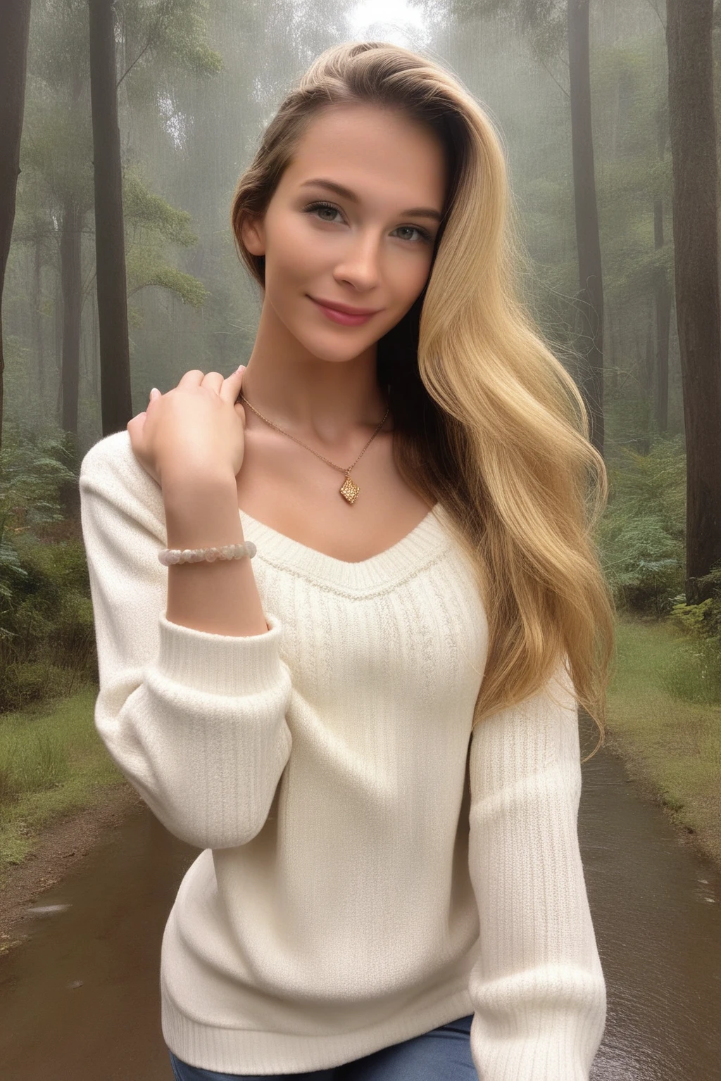 score_9, score_8_up, score_7_up, masterpiece, high quality, BREAK
 <lora:BebahanPonyLoRA:1> realistic, beba, brown hair, blonde hair, long hair, smile, looking at viewer, necklace, bracelet, sweater, walking in a forest, rainy