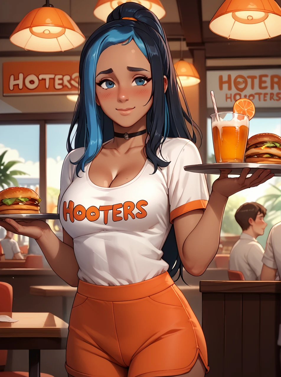 score_9, score_8_up, score_7_up, <lora:hannahpxl:0.9>, hannahpxlm, 1girl, cartoon, outline, dark skin, black hair, blue hair, long hair, carrying serving tray of food, waitress, hooters shirt, orange shorts, sexy outfit, cleavage, breasts, shy smile, blushing, restaurant