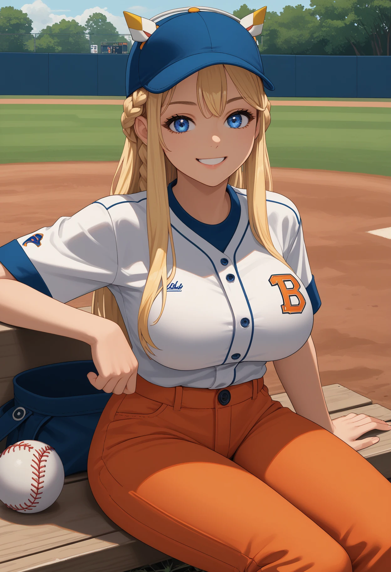 score_9, score_8_up, score_7_up, source_anime BREAK 1girl, solo, <lora:tove-nikke-richy-v1_pdxl:1> tovnk, blue eyes, blonde hair, long hair, braid, headgear, large breasts, baseball cap, baseball uniform, orange pants, white shirt, smile, looking at viewer, sitting, outdoors